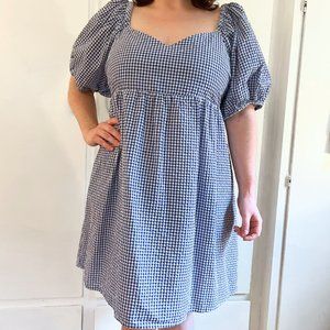 Blue Gingham Seersucker Puff-Sleeve Swing Mini Dress - XL